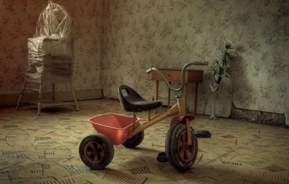 Picture room, Wallpaper, carpets, tricycle, children's high chair