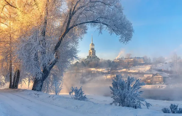 Picture winter, snow, river, dawn, home, Church