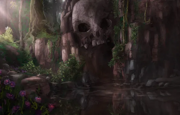 Flowers, pond, rocks, skull, art, cave, gloomy