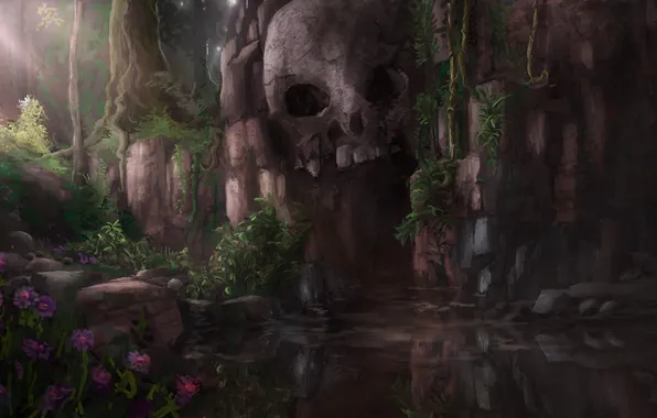 Picture flowers, pond, rocks, skull, art, cave, gloomy