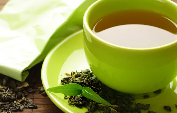Leaves, tea, mug, drink, saucer, bag, green tea