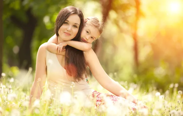 The sun, nature, family, dandelions, hug, schate, Mom and daughter