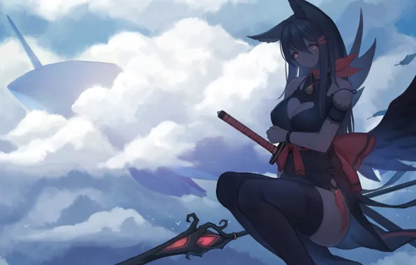 The sky, girl, clouds, wings, kit, spear, ears
