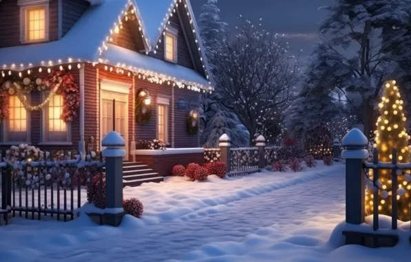 Winter, snow, night, house, Christmas, New year, house, the light in the window