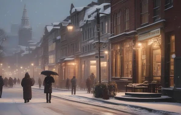 Winter, snow, the city, people, building, tower, home, umbrella