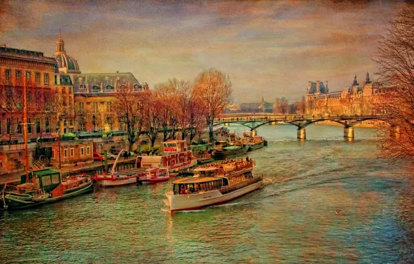 Autumn, trees, bridge, river, France, Paris, ship, Hay