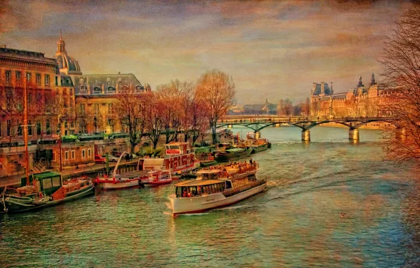 Picture autumn, trees, bridge, river, France, Paris, ship, Hay