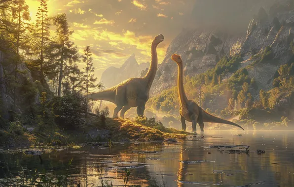 Mountains, River, Dawn, Two, Animals, Digital art, Dinosaurs, Ancient animals
