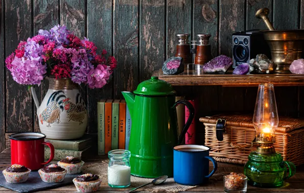 Flowers, style, books, lamp, bouquet, binoculars, mugs, still life