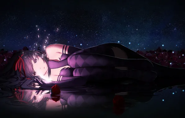 Flower, water, girl, stars, night, reflection, rose, anime