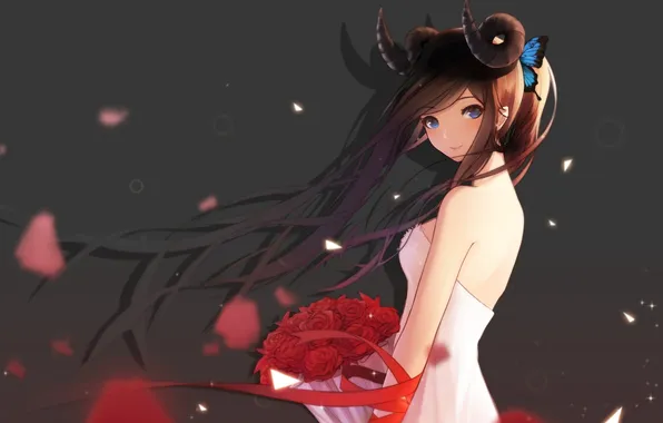 Picture girl, flowers, butterfly, roses, bouquet, anime, petals, art