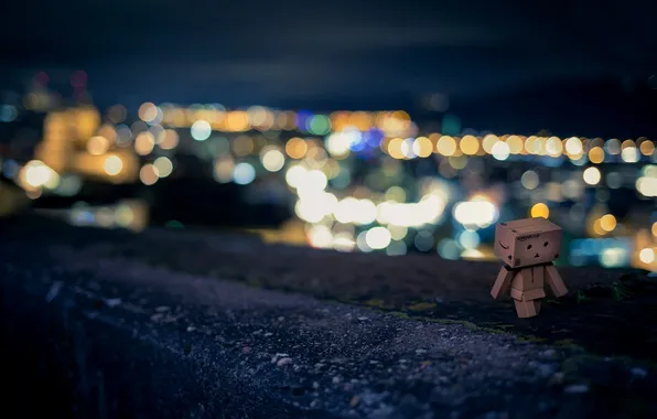 Road, night, the city, lights, border, Danbo, colorful, bokeh