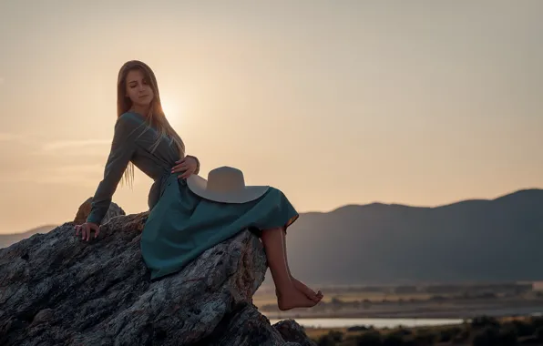 Picture girl, mountains, pose, stone, hat, barefoot, dress, barefoot