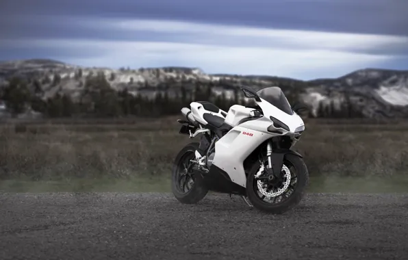 Picture white, the sky, clouds, mountains, motorcycle, white, bike, ducati