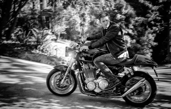Picture road, trees, jeans, blur, jacket, motorcycle, black and white, biker