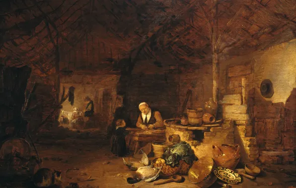 Picture trees, oil, interior, picture, The Peasant Kitchen, Livens Egbert van der Pool