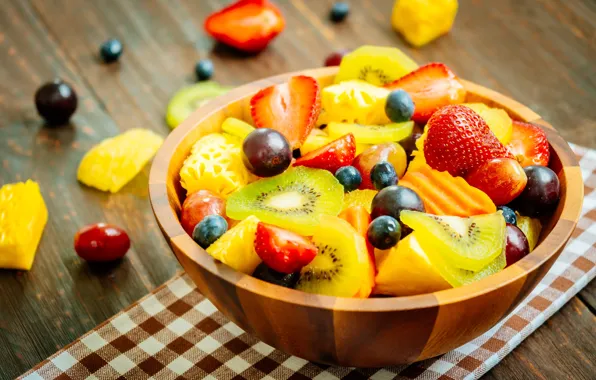 Picture berries, kiwi, strawberry, grapes, bowl, fruit, blueberries, fruit salad