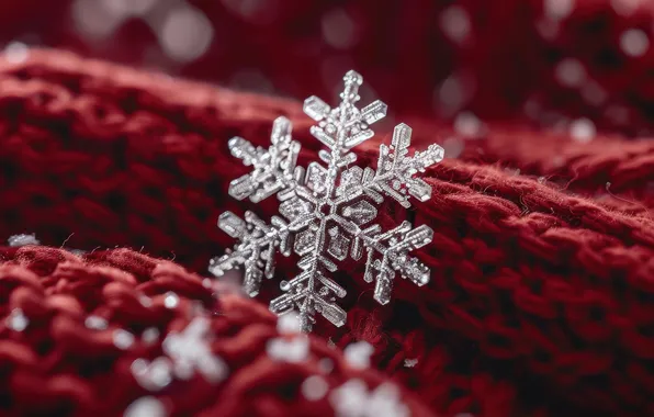 Winter, macro, snow, scarf, Christmas, New year, red background, snowflake