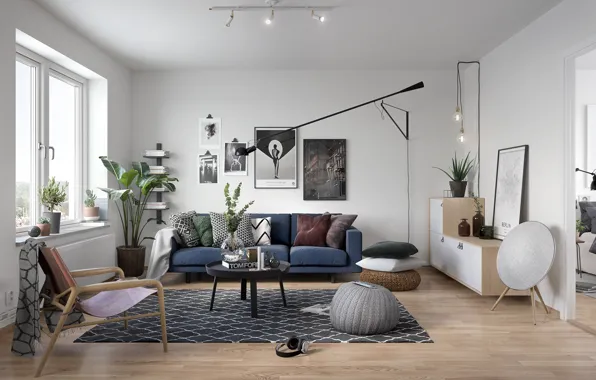 Design, lamp, room, interior, plants, sofa, living room, poof