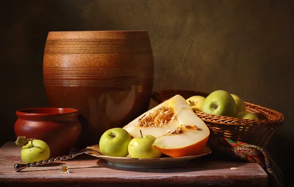 Apples, pot, still life, pot, slices, melon, ceramics