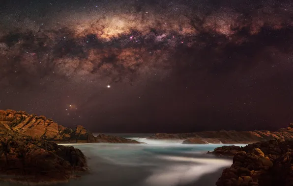 The sky, stars, night, stones, rocks, shore, The milky way, pond