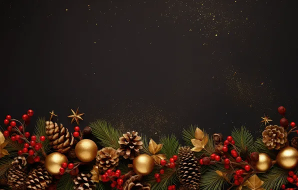 Balls, branches, berries, the dark background, sequins, fruit, Christmas, New year