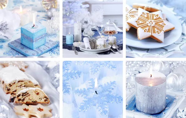 Holiday, blue, collage, new year, texture, candles, cookies, dishes