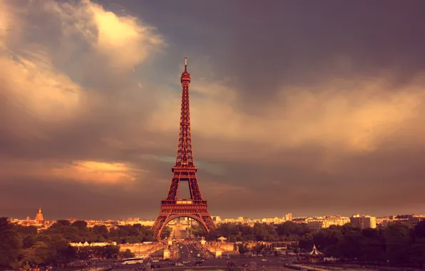 Road, the sky, clouds, trees, people, Paris, Paris, Eiffel tower