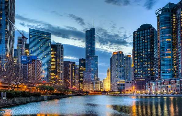 The sky, clouds, the city, lights, river, building, home, skyscrapers