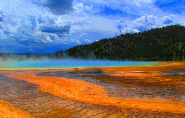 The sky, trees, lake, couples, USA, geyser, Yellowstone National Park