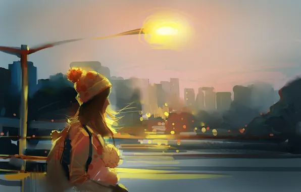 Picture girl, the city, river, the wind, hat, art, lantern, backpack