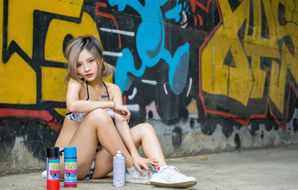 Swimsuit, summer, graffiti, body, Asian, sitting, cutie, spray