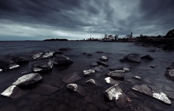 Sea, landscape, night, shore