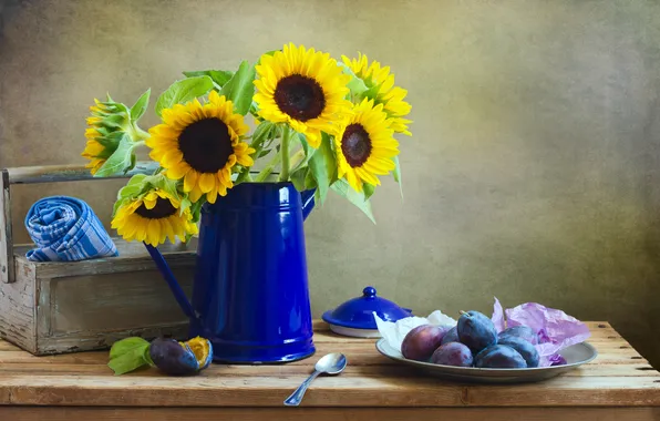 Picture sunflowers, flowers, table, yellow, plate, spoon, plum