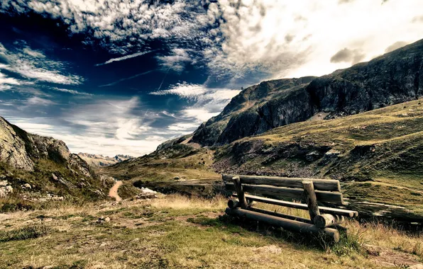 Picture the sky, landscape, mountains, bench