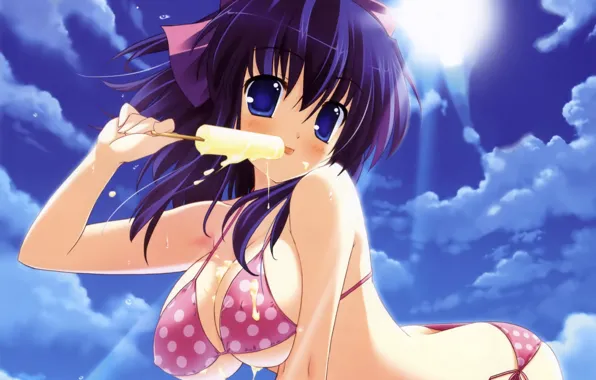 The sun, clouds, heat, bikini, vacation, Popsicle, on the beach, blue sky
