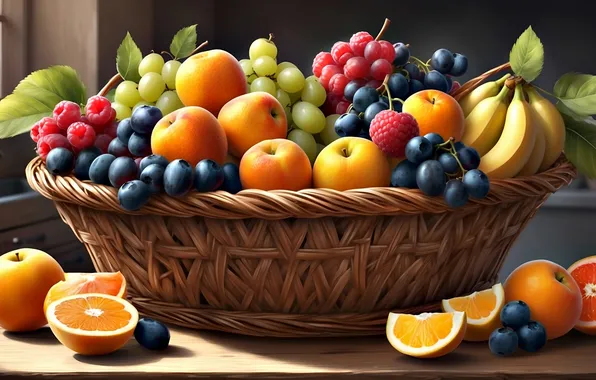 Berries, food, oranges, harvest, grapes, bananas, fruit, still life