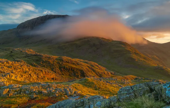 Picture grass, sky, landscape, nature, mountains, clouds, rocks, morning