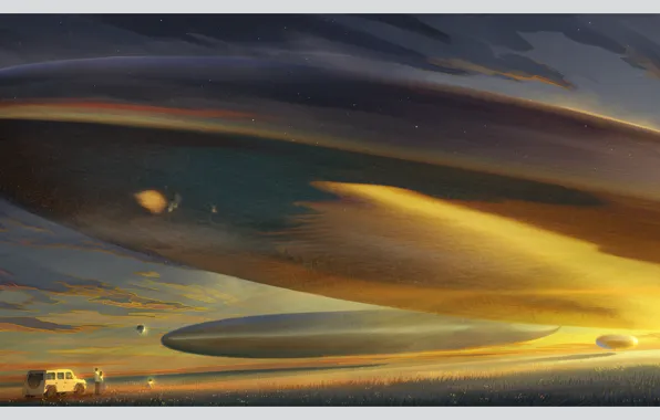 Sunset, UFO, family, MORNCOLOUR, The three-body problem