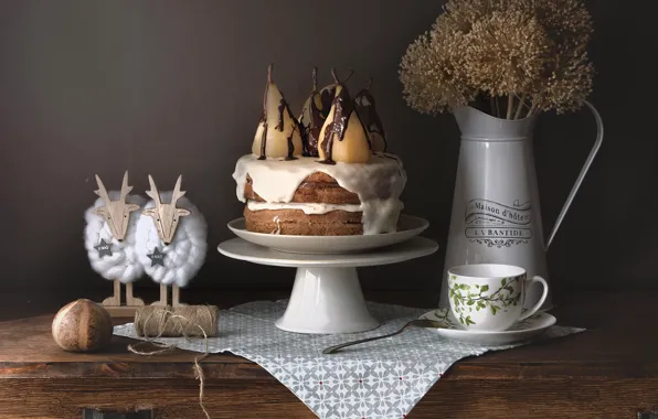 Flowers, table, toys, Board, bouquet, spoon, Cup, cake