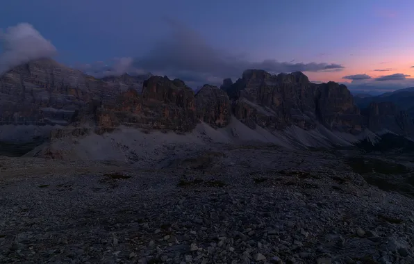 The sky, clouds, landscape, sunset, mountains, nature, stones, rocks