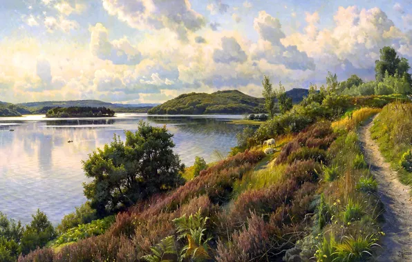 Picture clouds, Water, Grass, Picture, Hills, Peter Merk Of Menstad, Peder Mørk Mønsted, Danish painter