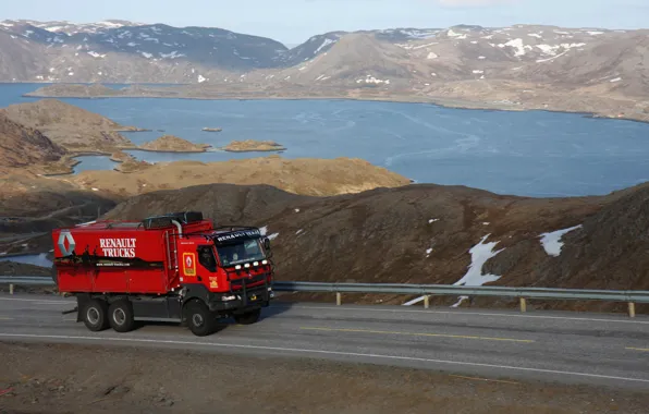 Picture road, mountains, red, truck, Renault, pond, triaxial, Renault Trucks