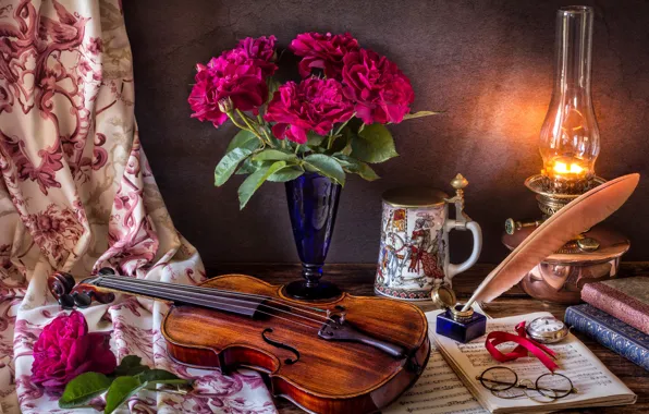 Flowers, style, notes, pen, violin, watch, books, lamp