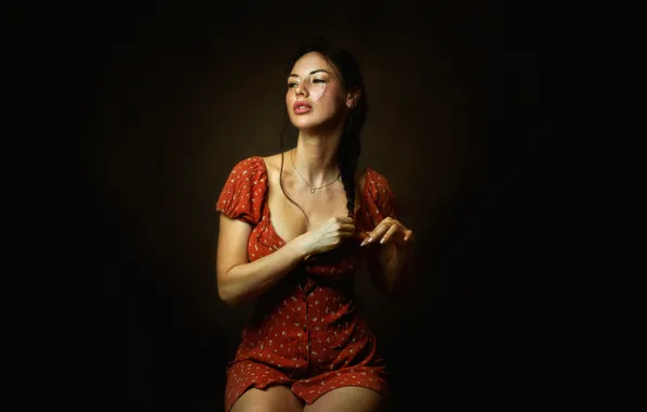 Pose, background, model, portrait, makeup, figure, dress, brunette