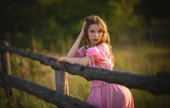 Look, girl, pose, hands, long hair, nature, pink dress, Alexander Parkhomenko