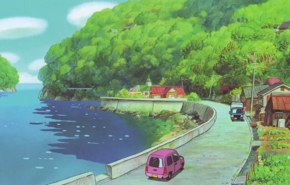 Picture road, roof, sea, machine, summer, trees, posts, wire