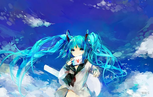Picture the sky, letter, girl, clouds, anime, art, vocaloid, hatsune miku