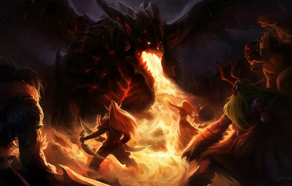 Flame, dragon, battle, WoW, sorceress, World of warcraft, Deathwing