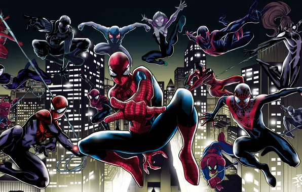 Art, poster, characters, comic, MARVEL, Spider-Man, Spider-man: universes, Spider-Man: Into the Spider-Verse